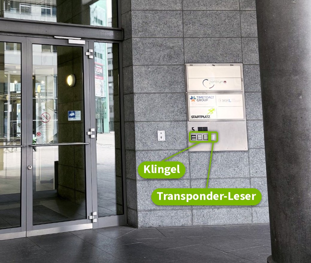 Eingang Im Mediapark 5 mit Klingel rechts neben der Glastür